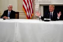 President Donald Trump tells reporters that he is taking zinc and hydroxychloroquine during a m ...