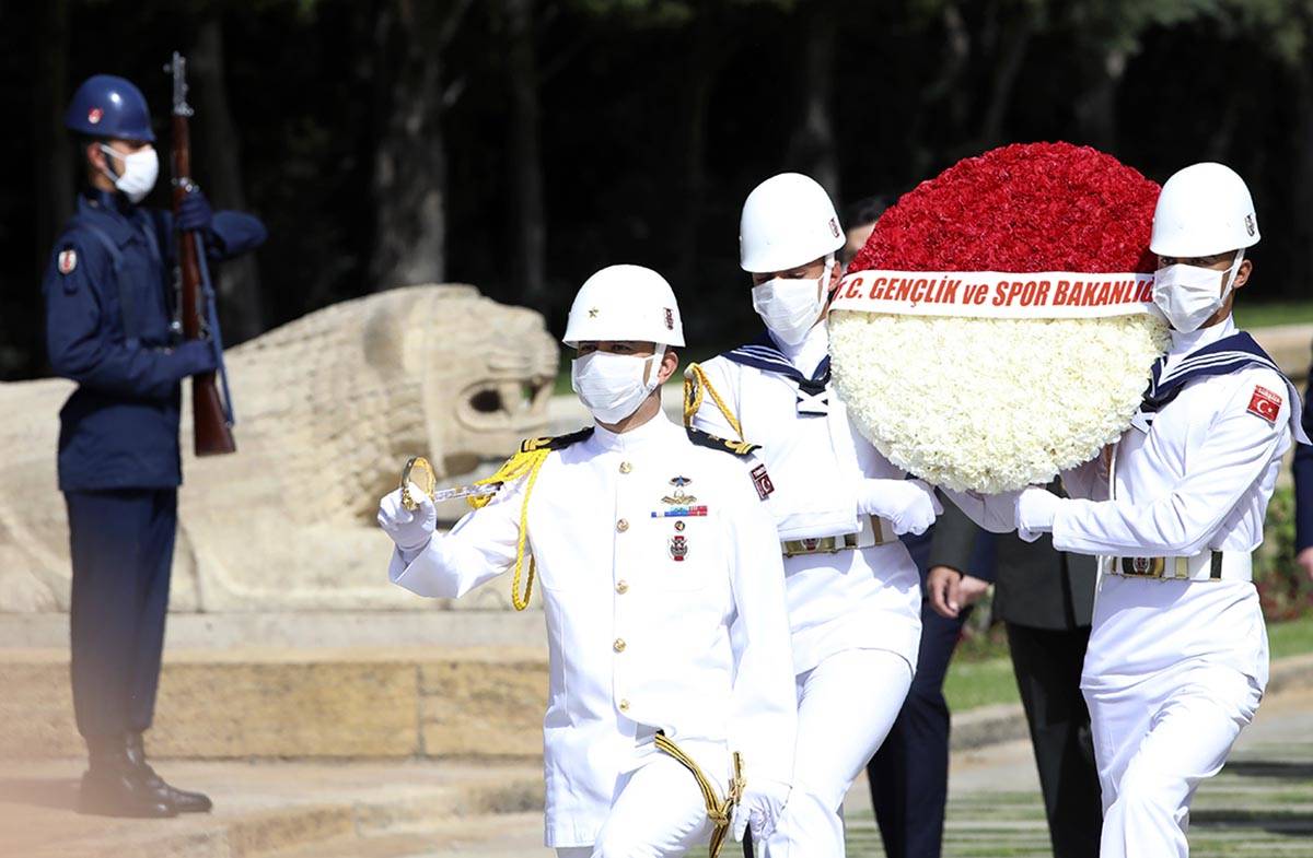 Turkish honour guard soldiers wearing face masks for protection against the new coronavirus, wa ...