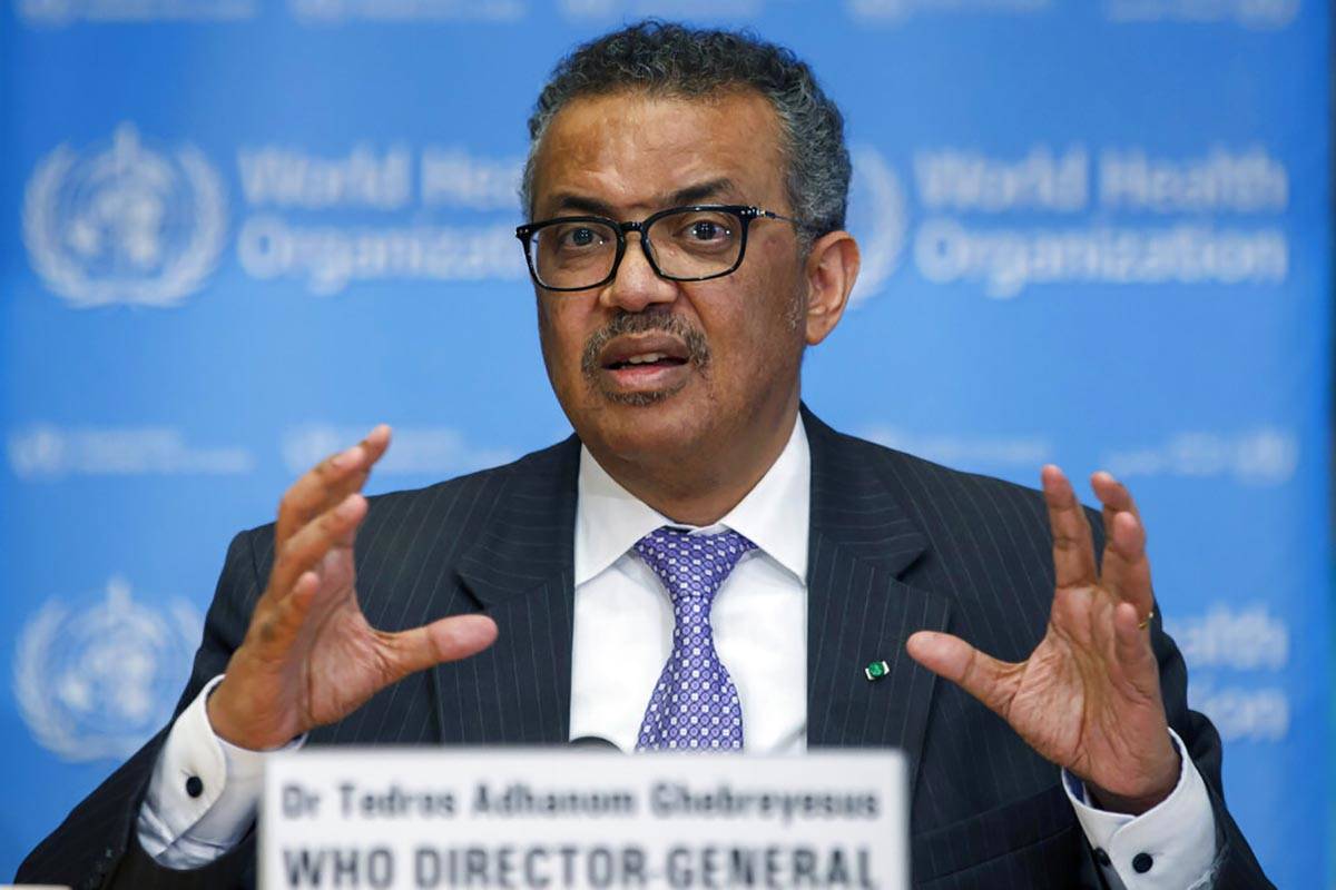Tedros Adhanom Ghebreyesus, director general of the World Health Organization, speaks during a ...