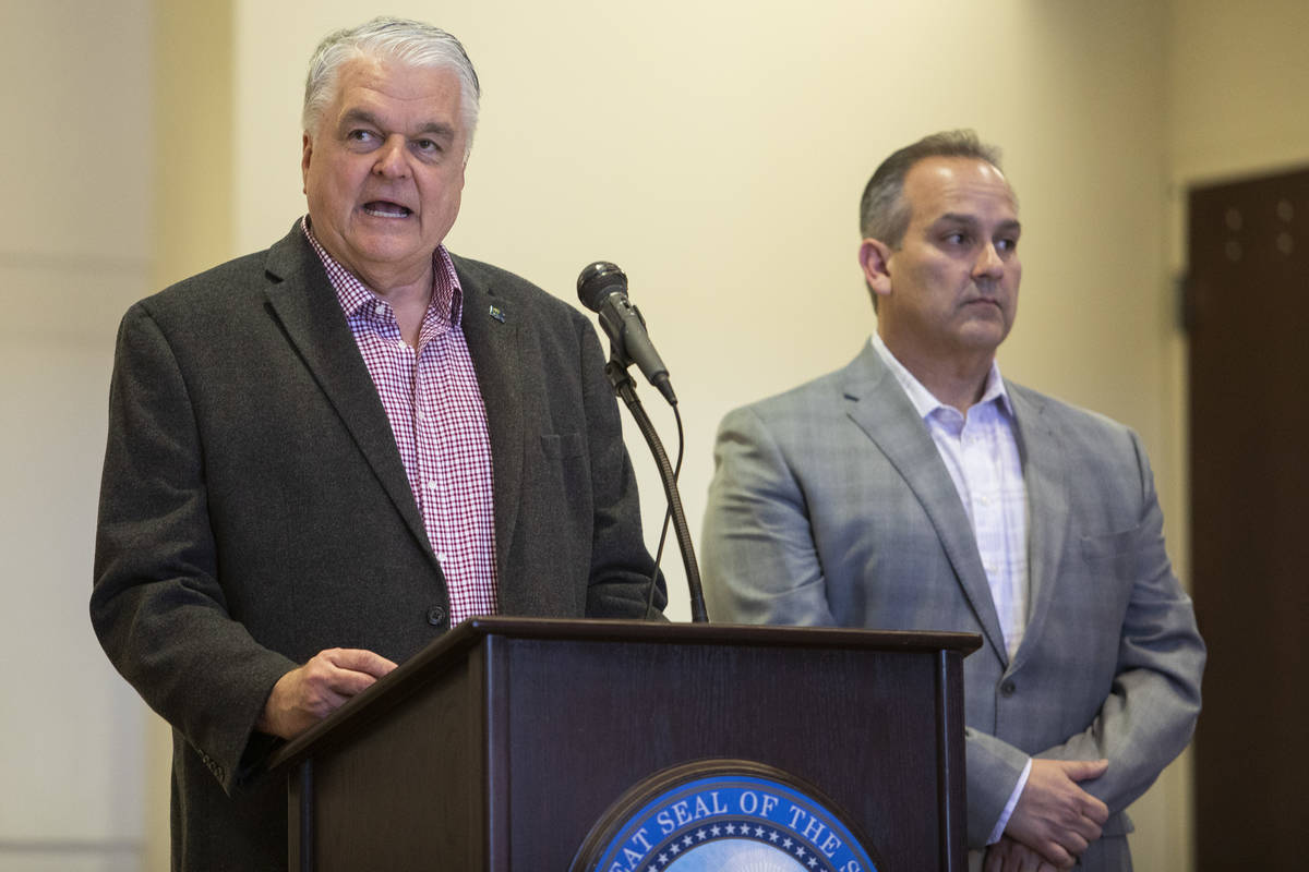 Gov. Steve Sisolak, left, and Clark County School District Superintendent Jesus Jara announce o ...