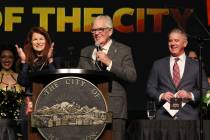 Henderson Mayor Debra March, left, applauds as Golden Knights owner Bill Foley speaks as team p ...