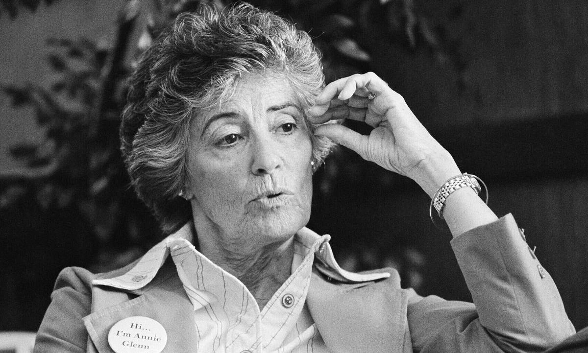 HOLD TO CONFIRM OBIT - FILE - In this Dec. 8, 1983 file photo, Annie Glenn speaks during an int ...