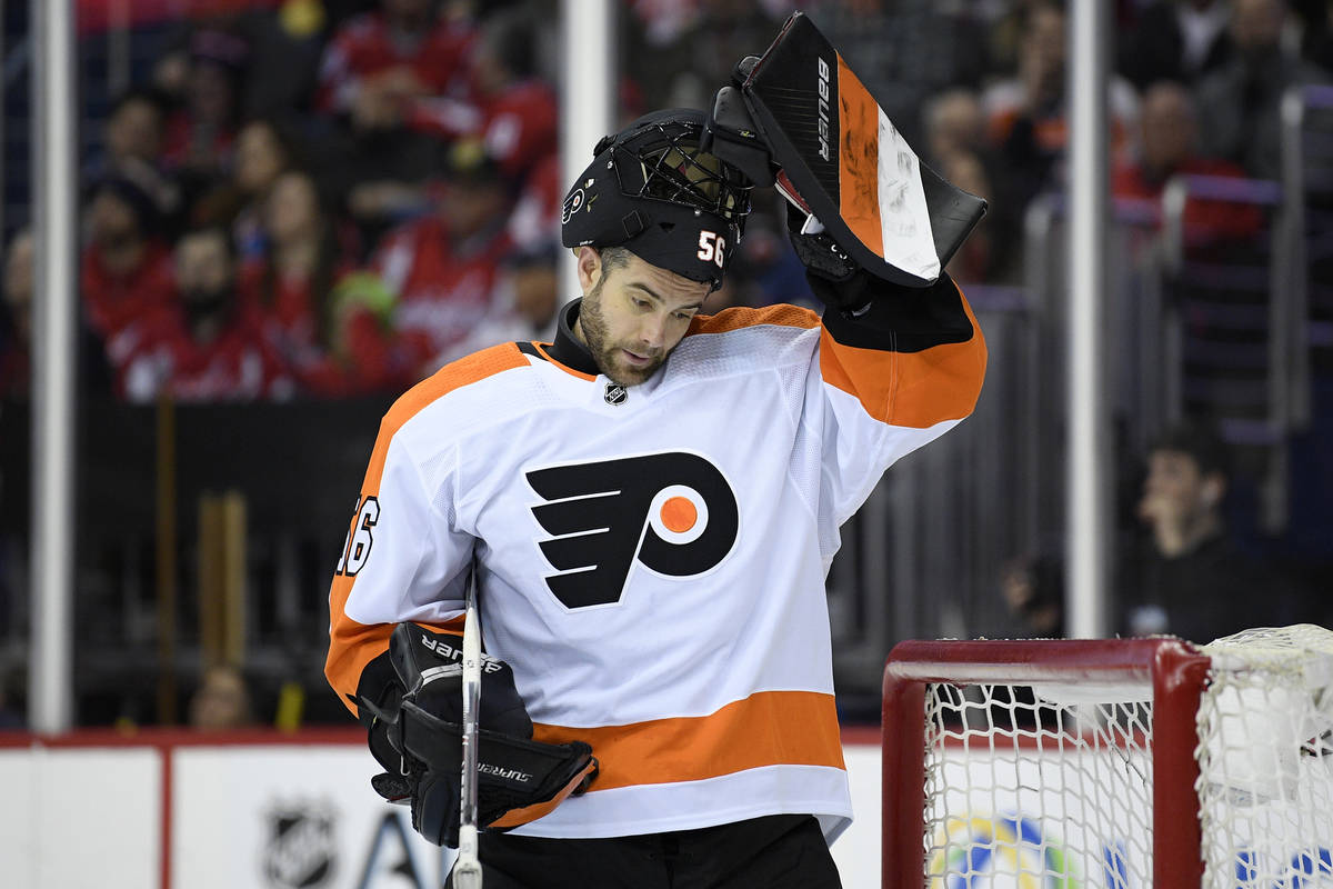 In this Tuesday, Jan. 8, 2019 file photo, Philadelphia Flyers goaltender Mike McKenna (56) stan ...