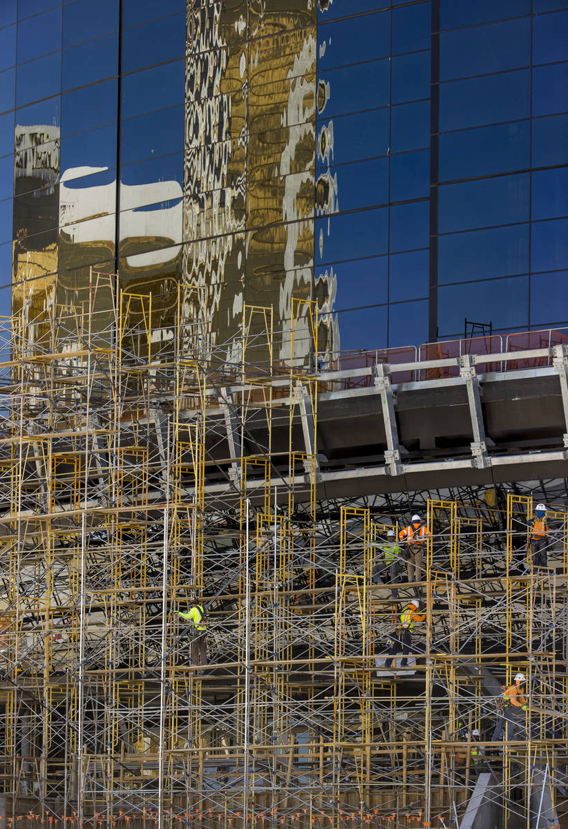 Crews at Allegiant Stadium begin to take down scaffolding on Tuesday, May 19, 2020, in Las Vega ...