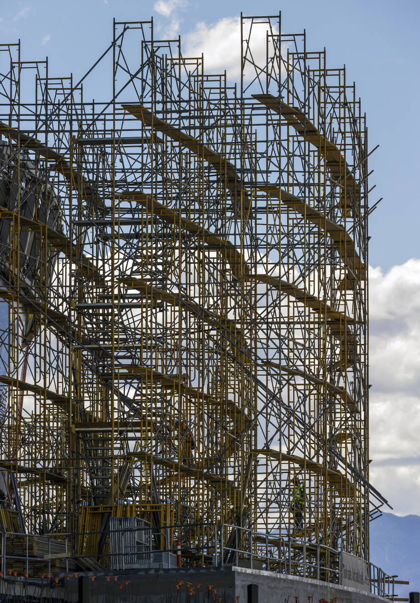Crews at Allegiant Stadium begin to take down scaffolding on Tuesday, May 19, 2020, in Las Vega ...