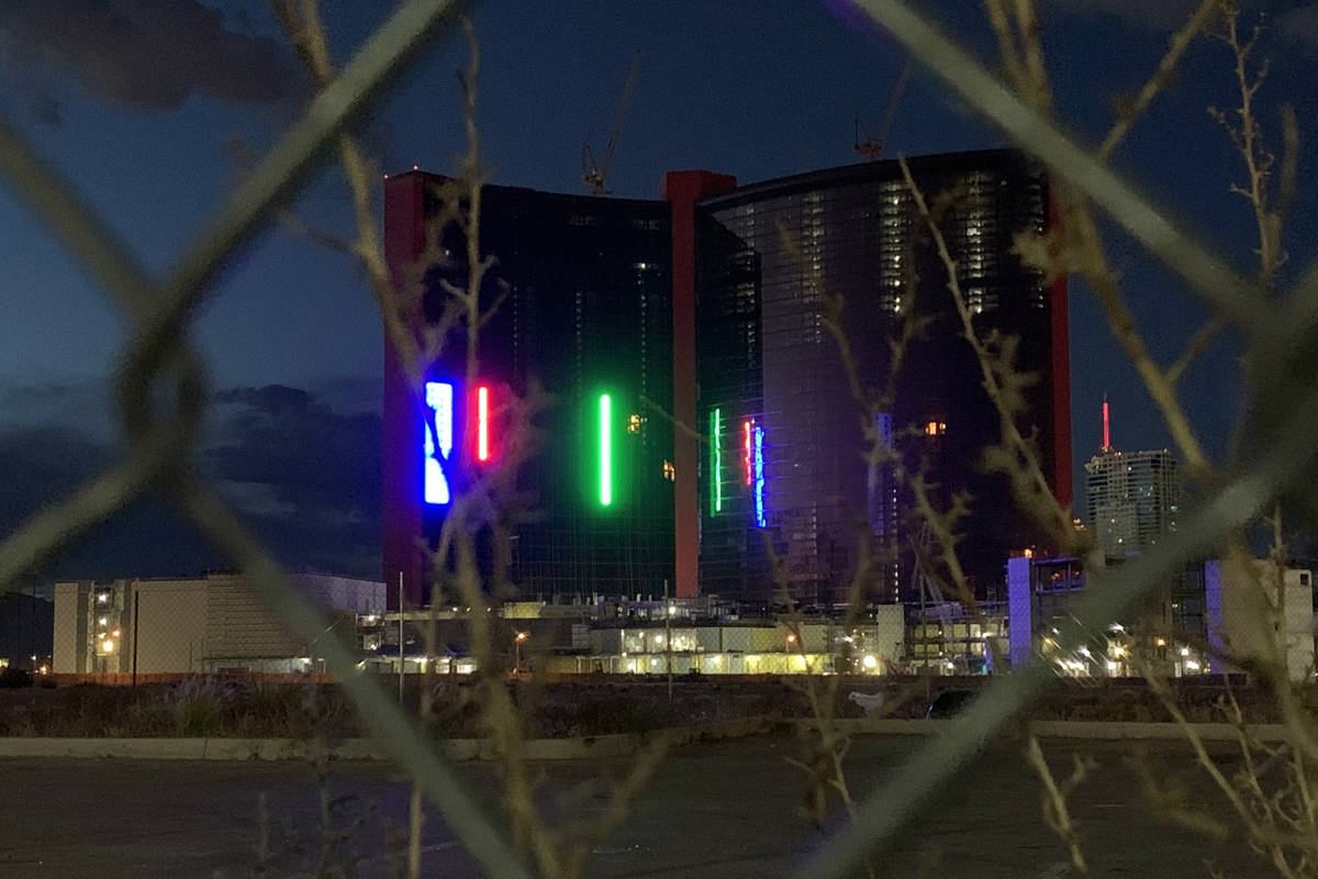 Construction crews tested lighting outside Resorts World Las Vegas on Tuesday, May 19, 2020. (D ...