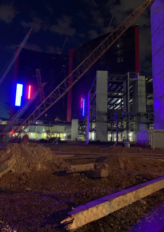 Construction crews tested lighting outside Resorts World Las Vegas on Tuesday, May 19, 2020. (D ...