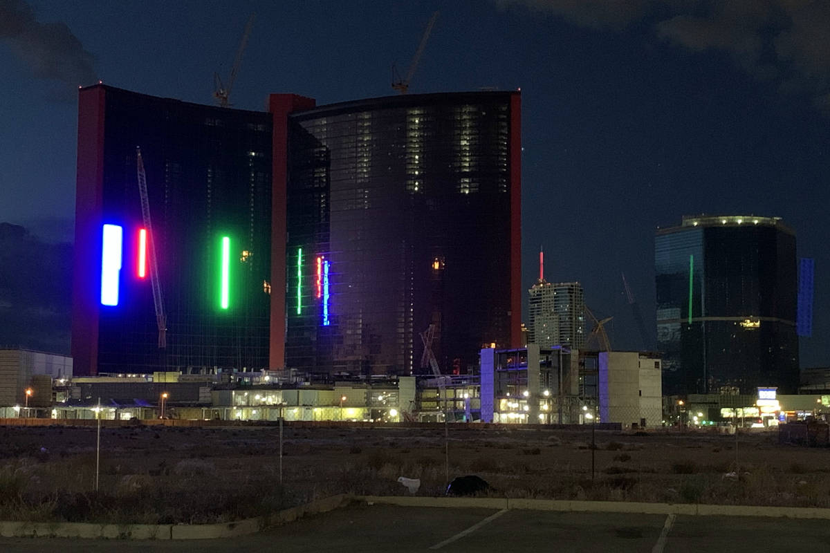 Construction crews tested lighting outside Resorts World Las Vegas on Tuesday, May 19, 2020. (D ...