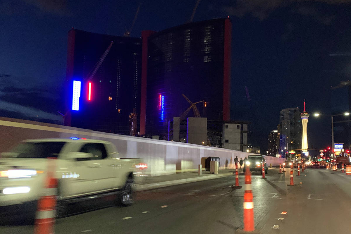 Construction crews tested lighting outside Resorts World Las Vegas on Tuesday, May 19, 2020. (D ...