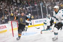 Golden Knights right wing Mark Stone (61) celebrates a goal by left wing Max Pacioretty, not pi ...