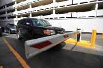 Drivers stop at the new parking gates at the Linq hotel-casino in Las Vegas on Thursday, March ...