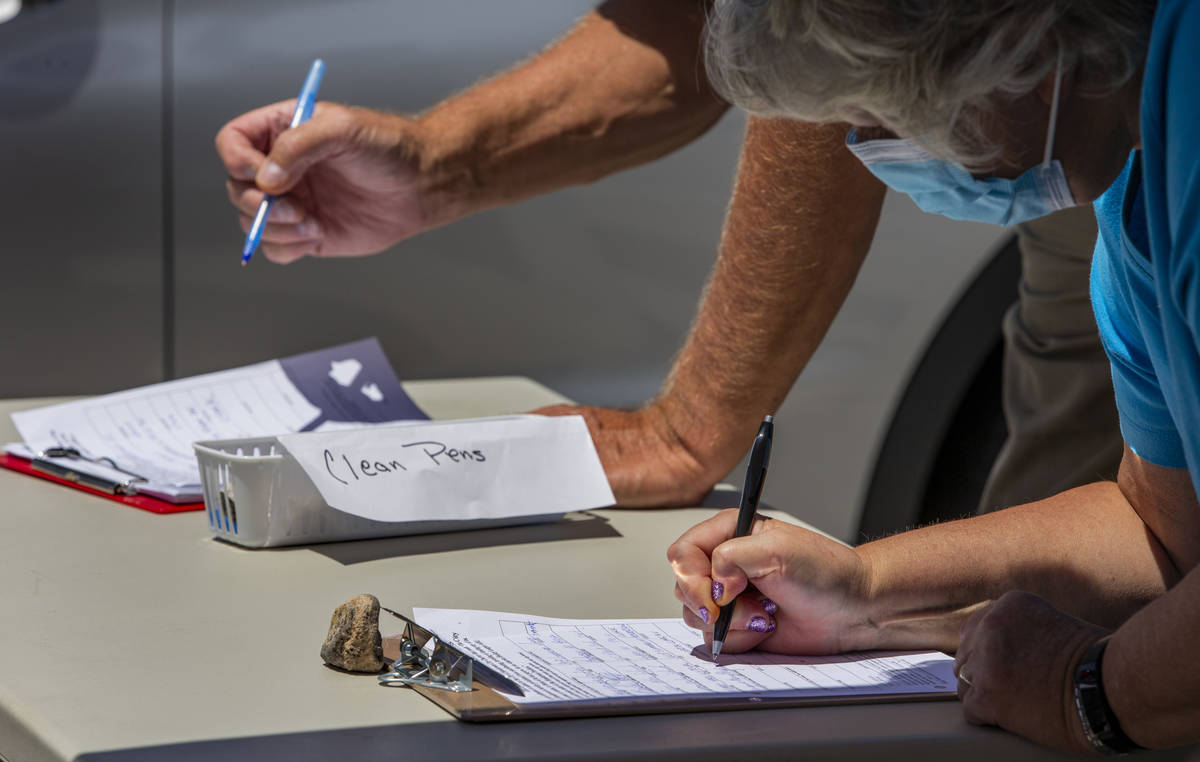 Residents sign as Henderson Coalition for Responsible Government volunteers seek signatures to ...