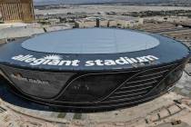 Aerial view of Allegiant Stadium with roof logo on Friday, May 8, 2020. (Michael Quine/Las Vega ...