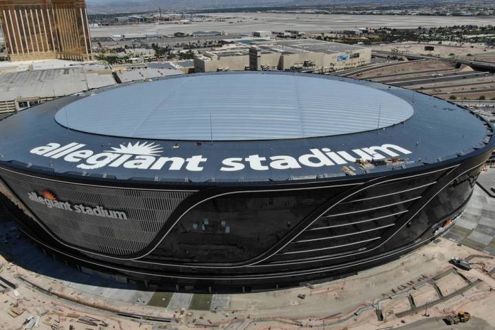 Aerial view of Allegiant Stadium with roof logo on Friday, May 8, 2020. (Michael Quine/Las Vega ...