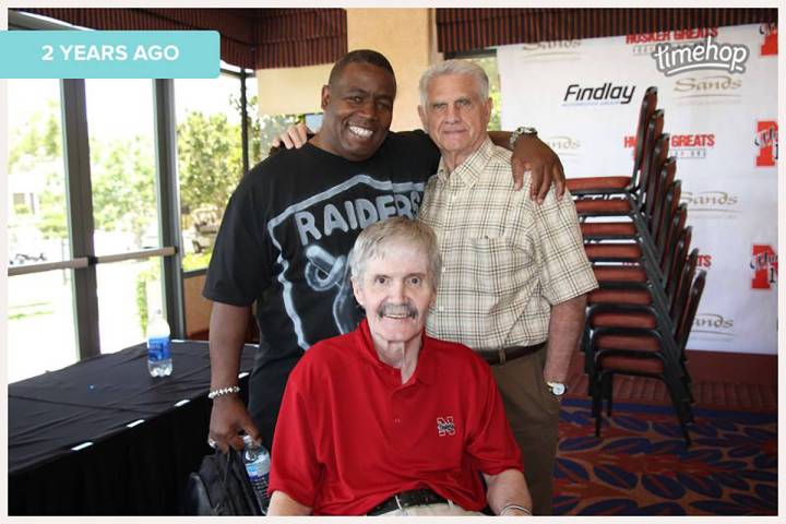 Former Raiders David Humm, front, and Frank Hawkins, top left, were two of Frank Nails, top rig ...