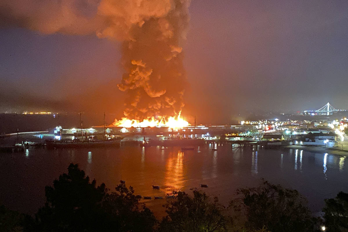This photo courtesy of Dan Whaley, @dwhly, shows a warehouse fire burning at San Francisco's Fi ...