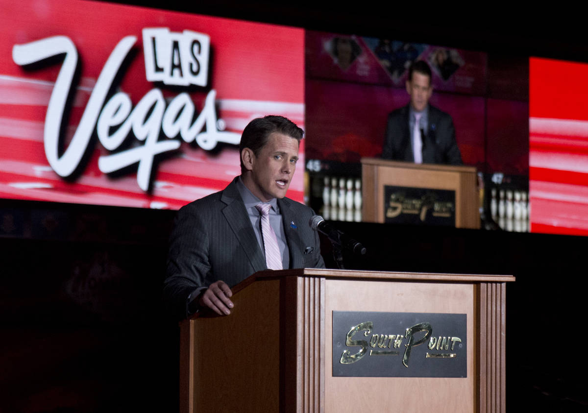 South Point General Manager Ryan Growney speaks during opening ceremonies for the United States ...