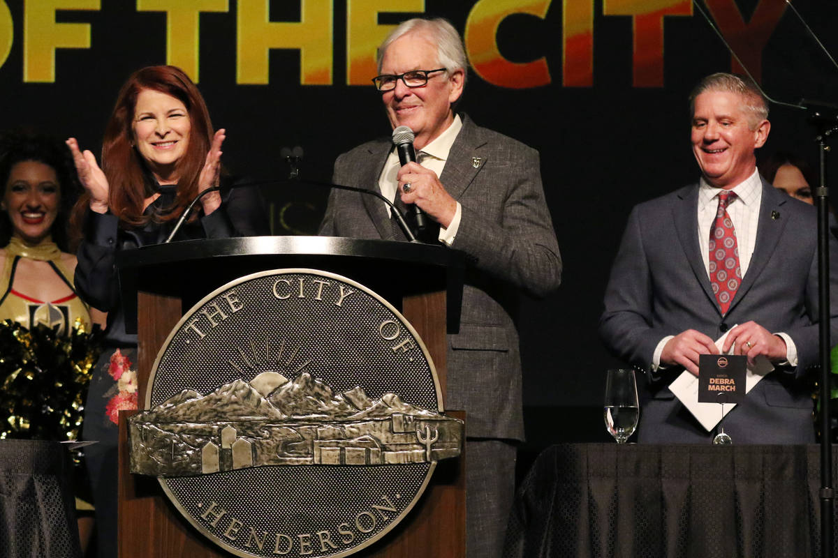 Henderson Mayor Debra March, left, applauds as Golden Knights owner Bill Foley speaks as team p ...
