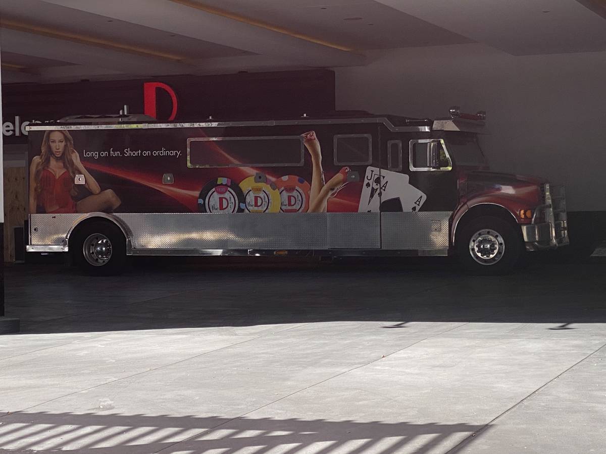 A look at the valet entrance and VIP limousine bus at the D Las Vegas, temporarily closed for C ...