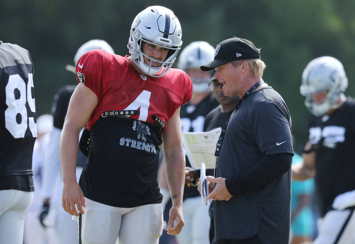 Oakland Raiders quarterback Derek Carr (4) and head coach Jon Gruden have a conversation after ...