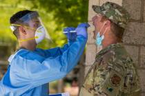 Nevada National Guard soldier PFC Nikolas Herrera, left, inserts a swab into the mouth of Lt. C ...