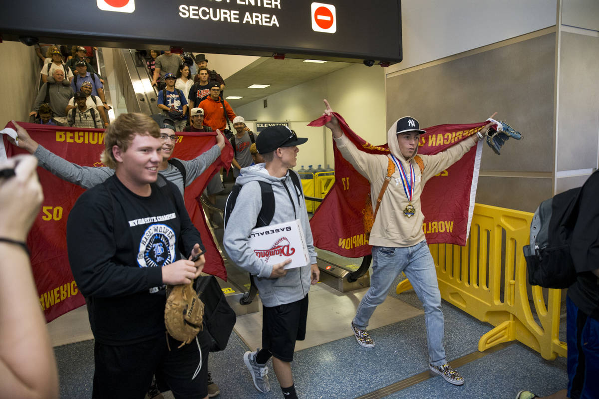 Southern Nevada Blue Sox baseball players arrive at McCarran International Airport in Las Vegas ...