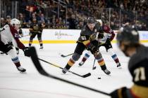 Vegas Golden Knights right wing Mark Stone (61) and Colorado Avalanche defenseman Ryan Graves ( ...