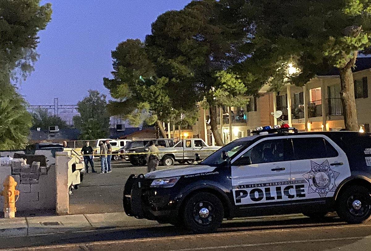 Las Vegas police at the scene early Thursday, May 28, 2020, after a homicide was reported late ...
