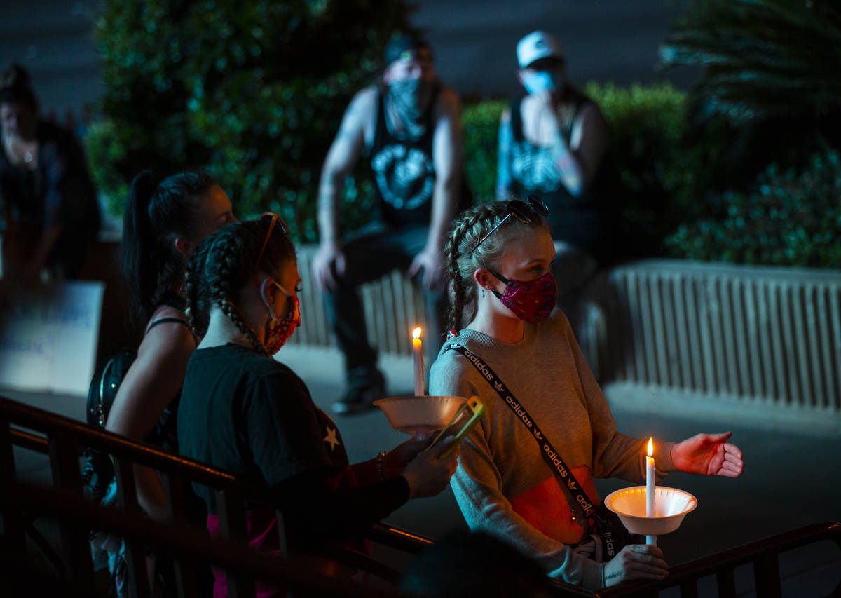 Demonstrators gather to demand justice for George Floyd along the Las Vegas Strip on Thursday, ...