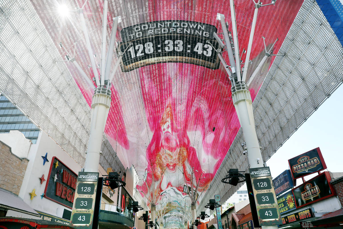 A countdown is seen on Friday afternoon, May 29, 2020, for the reopening of the Fremont Street ...