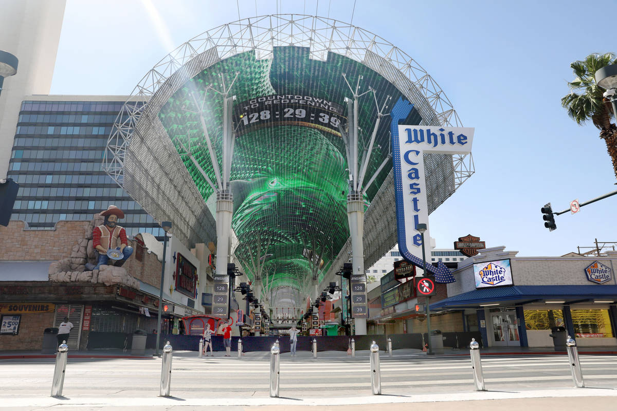A countdown is seen on Friday afternoon, May 29, 2020, for the reopening of the Fremont Street ...
