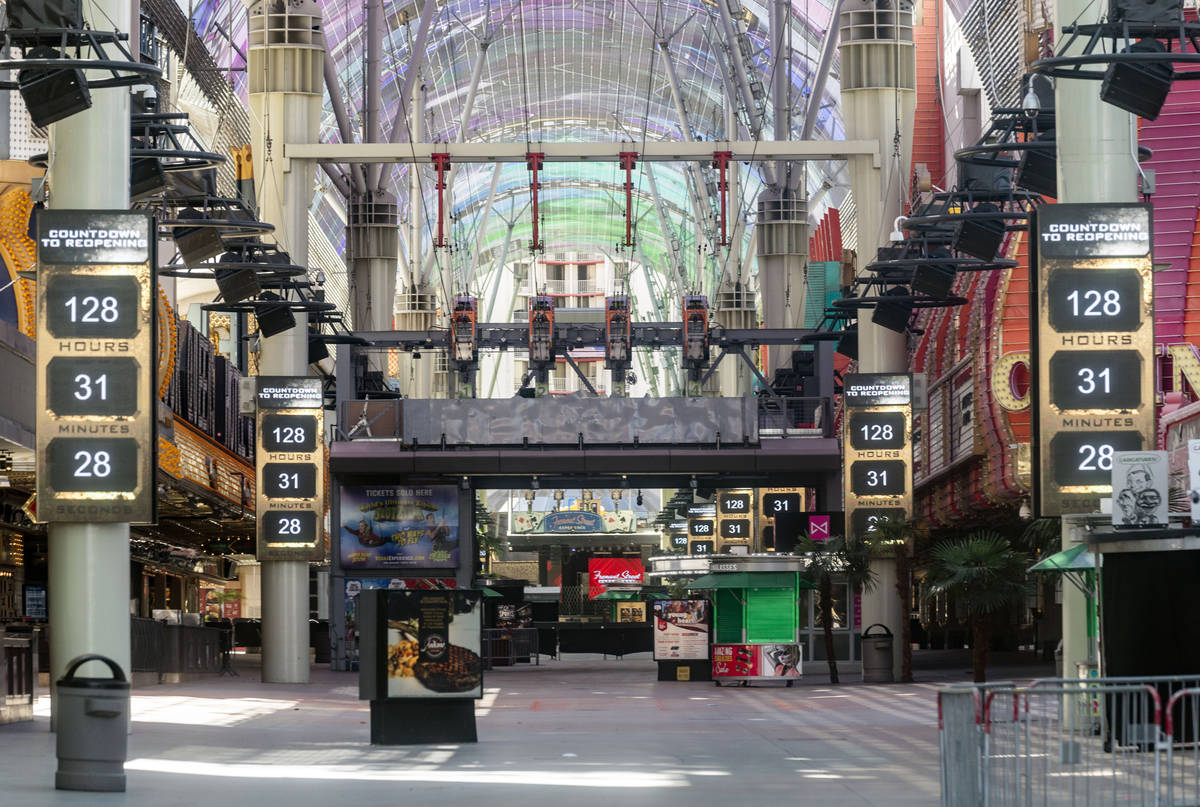 Signs countdown on Friday afternoon, May 29, 2020, for the reopening of the Fremont Street Expe ...