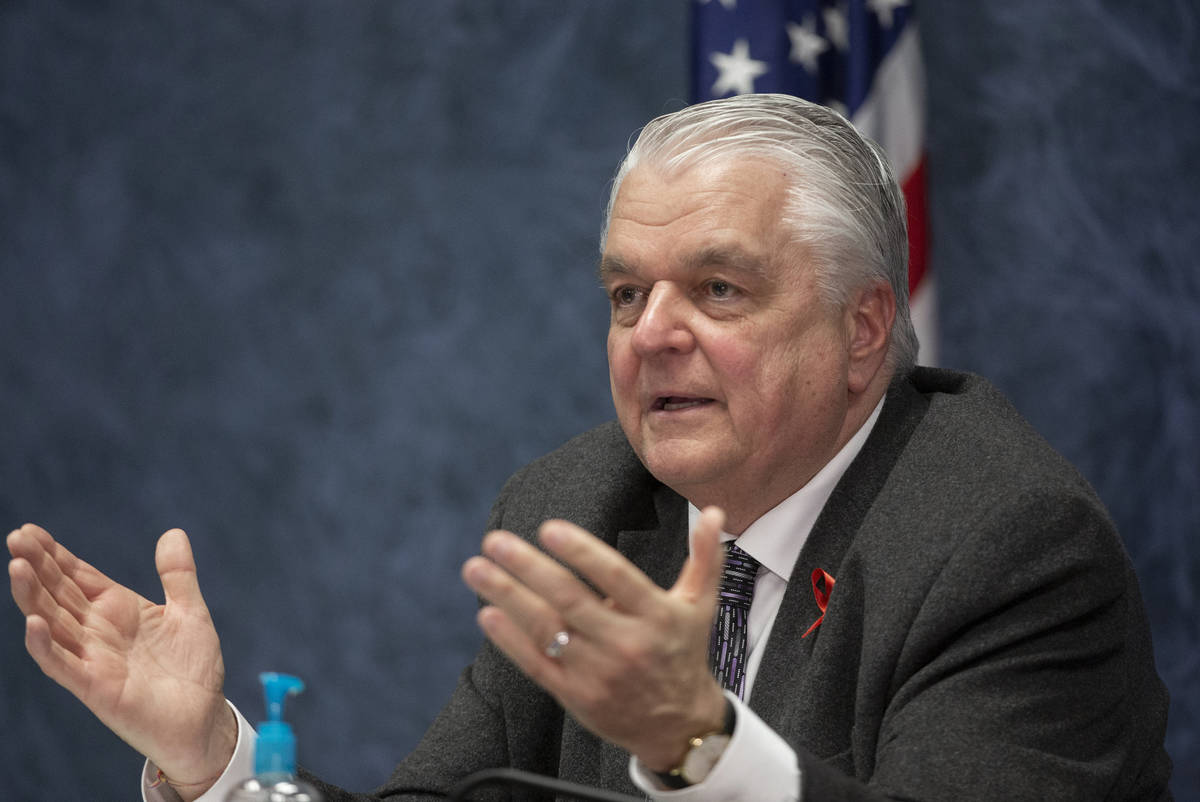 In this April 8, 2020, file photo, Gov. Steve Sisolak speaks during a news conference at the Gr ...