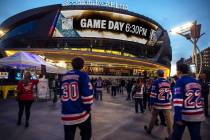 In this Jan. 7, 2018, file photo, New York Rangers fans arrive at T-Mobile Arena for an NHL hoc ...