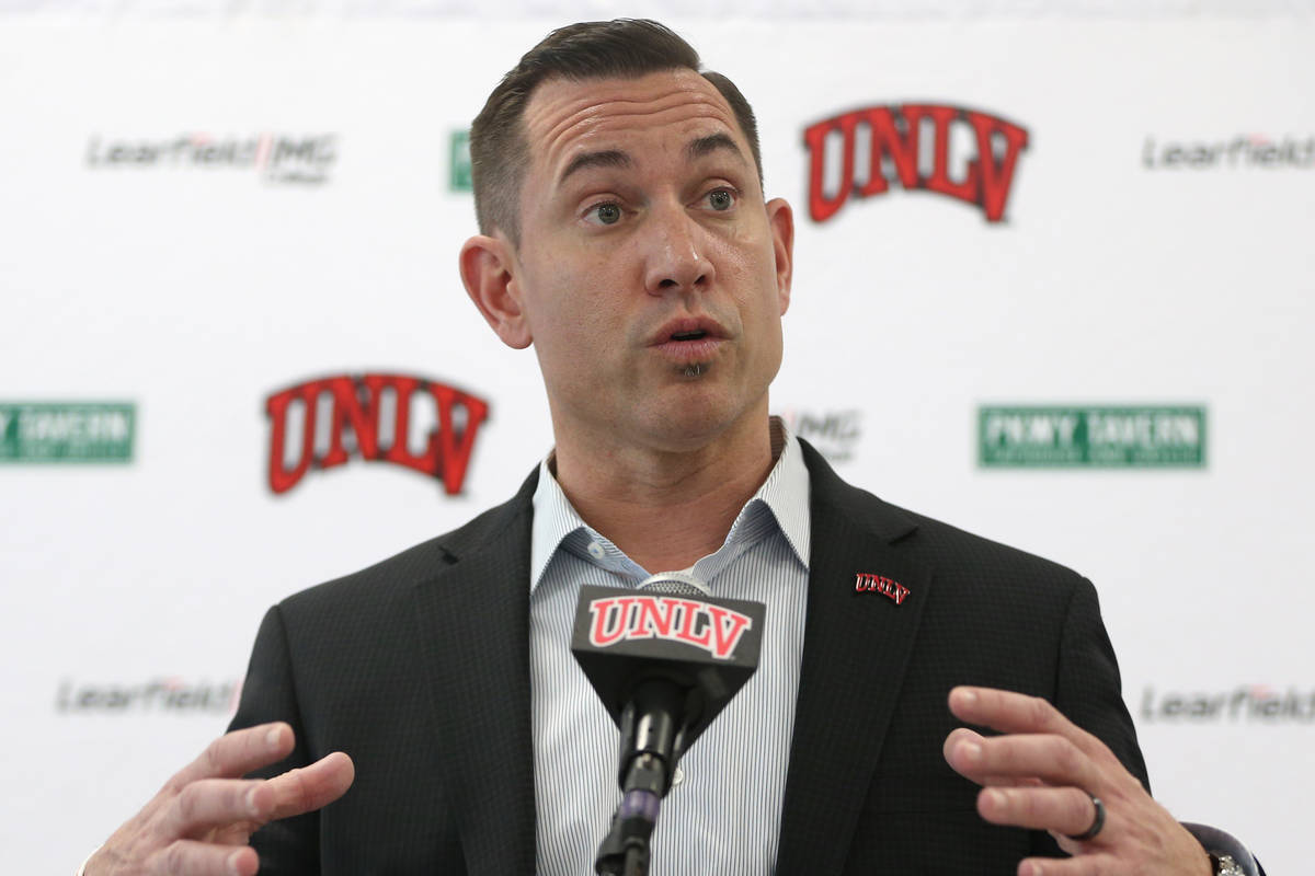 UNLV football head coach Marcus Arroyo announces his first recruiting class during a press conf ...