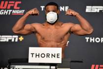 Tyron Woodley poses on the scale during the UFC weigh-in at UFC APEX on May 29, 2020 in Las Veg ...