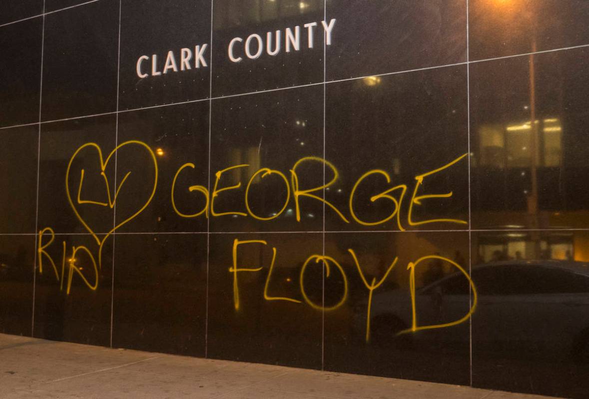 A Clark County Building is tagged as conflicts erupted with police during a Black Lives Matter ...