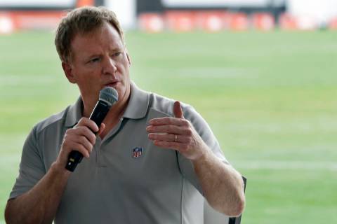 FILE - In this Aug. 17, 2017, file photo, NFL Commissioner Roger Goodell answers questions duri ...