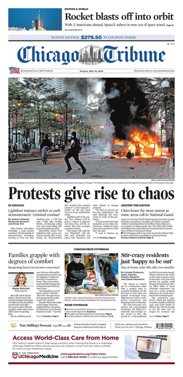George Floyd protests around the US on front pages around world