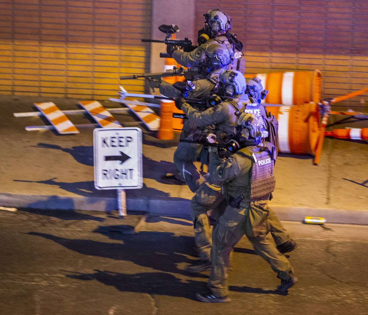 Las Vegas Police fire pepper balls on protesters as they advance on Las Vegas Blvd. as chaos co ...