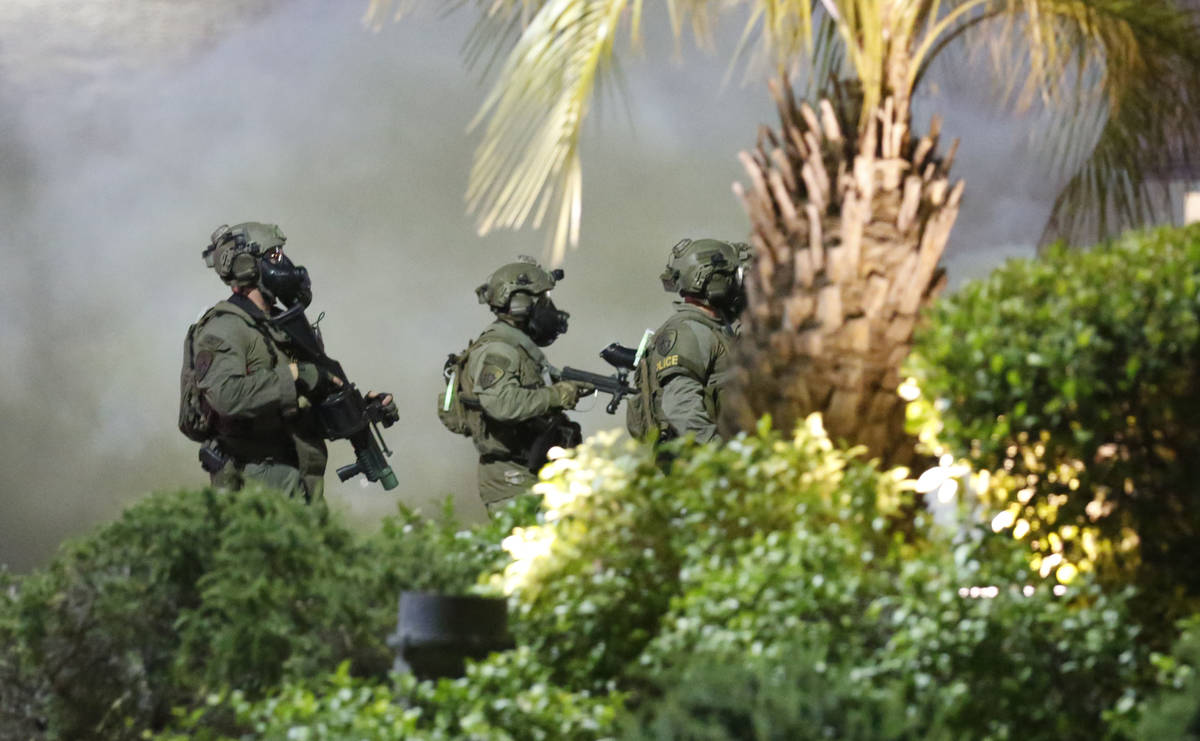 SWAT team is seen on the Las Vegas Strip, Sunday, May, 31, 2020, during a protest over the deat ...