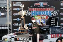 Brad Keselowski (2) celebrates after winning a NASCAR Cup Series auto race at Bristol Motor Spe ...