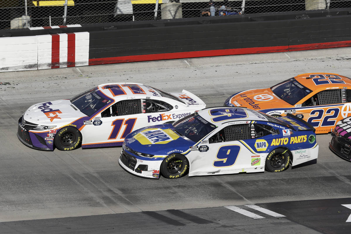 Denny Hamlin (11) drives followed by Chase Elliott (9) and Joey Logano (22) during a NASCAR Cup ...