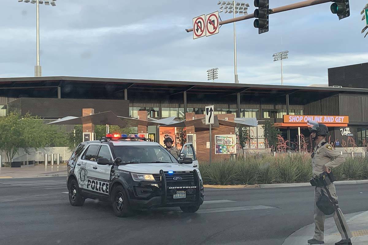 Las Vegas police block entrances to Downtown Summerlin, Sunday, May 31, 2020. Black Lives Matte ...