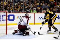 Pittsburgh Penguins' Jake Guentzel (59) scores against Colorado Avalanche goaltender Philipp Gr ...