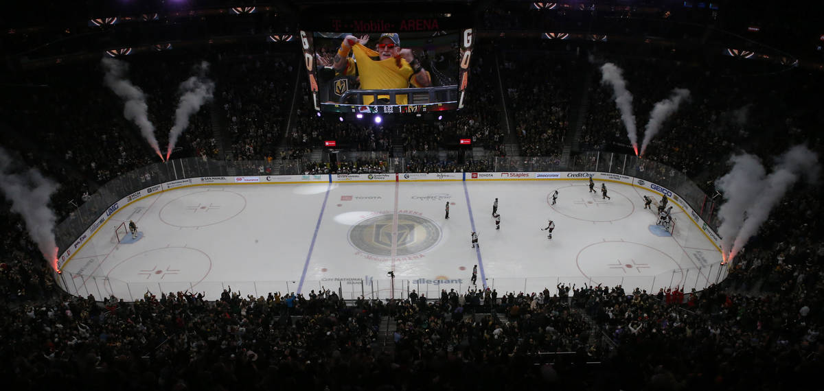 Fans celebrate a goal by Vegas Golden Knights left wing Max Pacioretty (67) during the second p ...