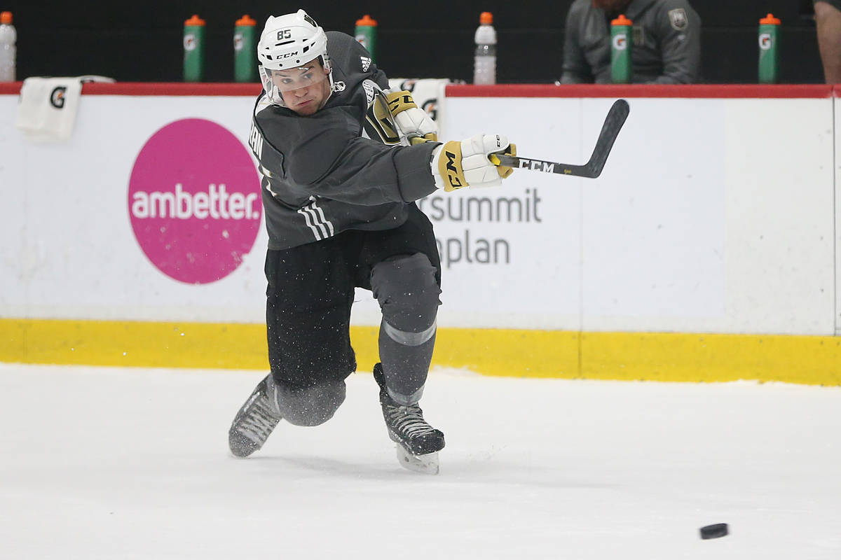 Vegas Golden Knights Connor Corcoran (85) takes a shot during development camp at City National ...