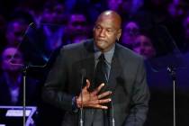 In this Feb. 24, 2020, file photo, former NBA player Michael Jordan reacts while speaking durin ...