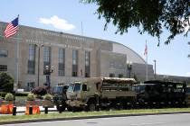 Vehicles for the District of Columbia National Guard are seen outside the D.C. Armory, Monday, ...