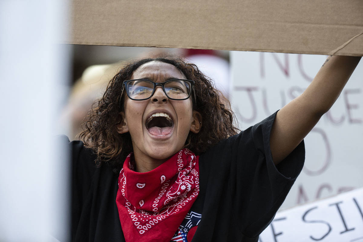 A large crowd protests on the Strip on Monday, June 1, 2020, in Las Vegas as riots continue thr ...